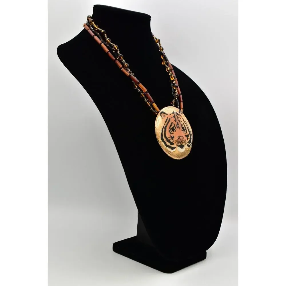 Carol Halmy Vintage Ceramic Beaded Necklace Hand Made Tiger Golden Signed Bin4A